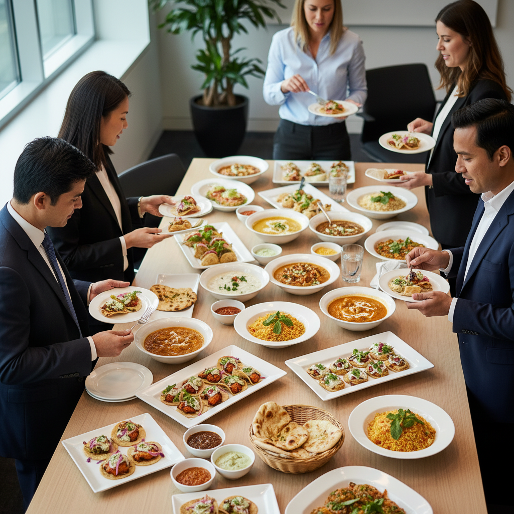 Corporate Catering Framework: 4 Steps For High-Stakes Lunches 1 Professional Corporate Catering Spread Featuring Indian Fusion And Traditional Zabiha Halal Dishes In A Fremont Office.