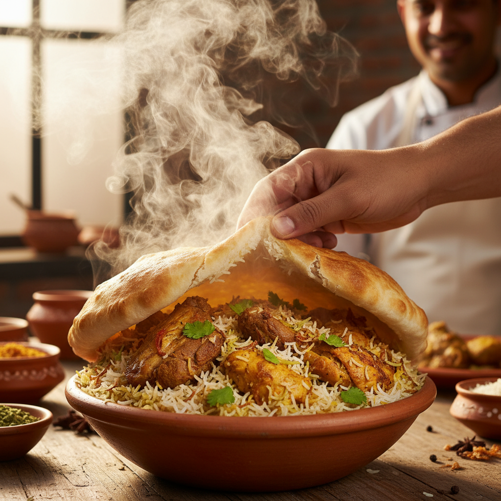 Close-Up Of Dum Pukht Cooking Technique Showing The Steam Release From A Sealed Pot
